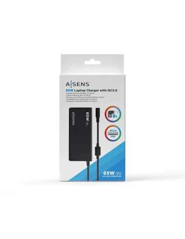 AISENS Cargador 65 W Automatico Universal Multitension Para Portatil Con 9 Conectores + USB-A QC.3.0