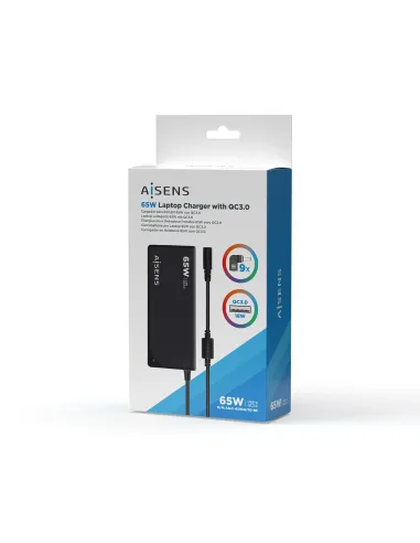 AISENS Cargador 65 W Automatico Universal Multitension Para Portatil Con 9 Conectores + USB-A QC.3.0