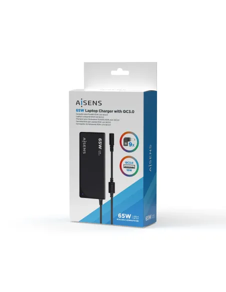 AISENS Cargador 65 W Automatico Universal Multitension Para Portatil Con 9 Conectores + USB-A QC.3.0