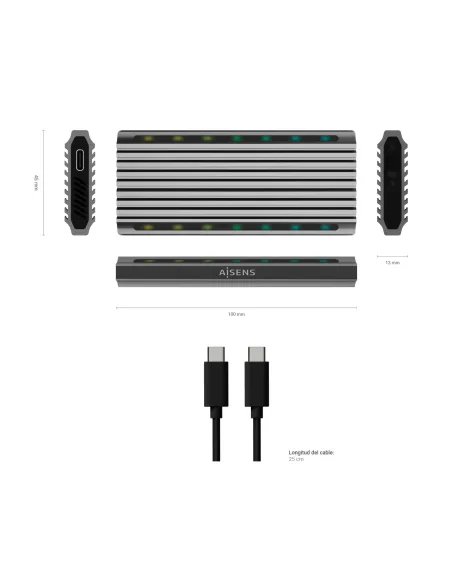 AISENS Caja Externa M.2 RGB Gaming ASM2-RGB011GR SATA NVMe A USB3.1 Gen2, Gris