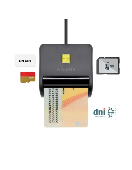 AISENS Lector de Tarjeta Inteligente DNI con Lector de Tarjetas SIM, SD, Micro SD, MMC, RS-MMC, MMC Micro, Negro