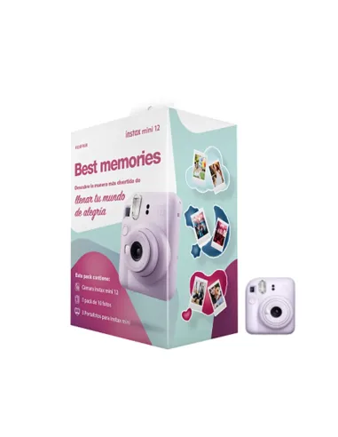 Kit camara fujifilm mini instax 12 color purpura + papel 10 fotos + 3 portara retratos