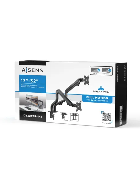 AISENS Soporte de Mesa ECO Contrapeso Giratorio e Inclinable para Monitor TV 8Kg (3 Pivotes, 2 Brazos) de 17-32, Negro