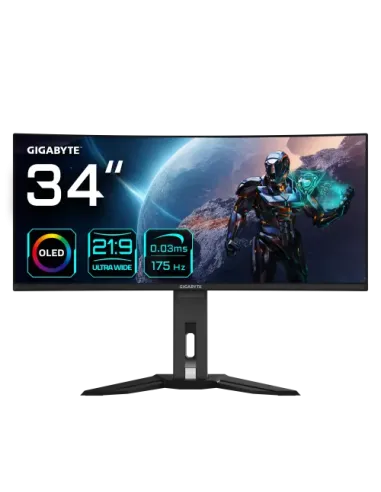 GIGABYTE Monitor de juegos curvo OLED WQHD MO34WQC de 34” - 3440x1440(WQHD), 175Hz, 0.03ms, KVM, 250 cd/m², FreeSync Premium Pro