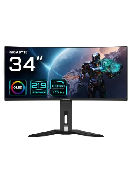 GIGABYTE Monitor de juegos curvo OLED WQHD MO34WQC de 34” - 3440x1440(WQHD), 175Hz, 0.03ms, KVM, 250 cd/m², FreeSync Premium Pro