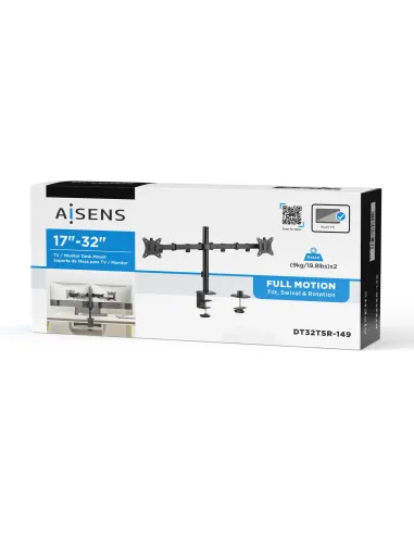 AISENS Soporte de Mesa ECO Giratorio e Inclinable para Monitor TV 9Kg (3 Pivotes, 2 Brazos) de 17-32, Negro