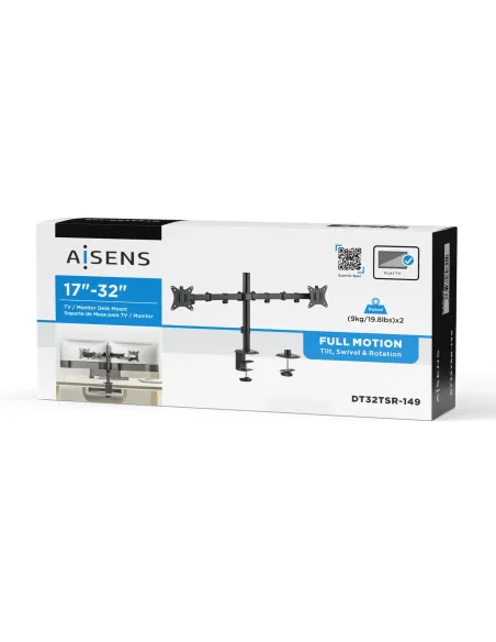 AISENS Soporte de Mesa ECO Giratorio e Inclinable para Monitor TV 9Kg (3 Pivotes, 2 Brazos) de 17-32, Negro
