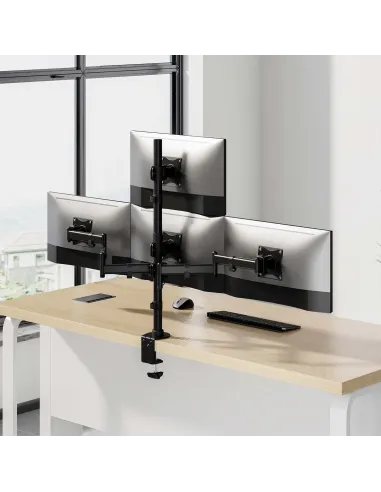 AISENS Soporte de Mesa Eco Giratorio e Inclinable para 4 Monitores 8kg (4 Pivotes, 2 Brazos) de 13"-27", Negro