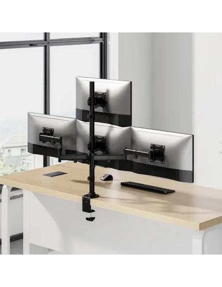 AISENS Soporte de Mesa Eco Giratorio e Inclinable para 4 Monitores 8kg (4 Pivotes, 2 Brazos) de 13"-27", Negro