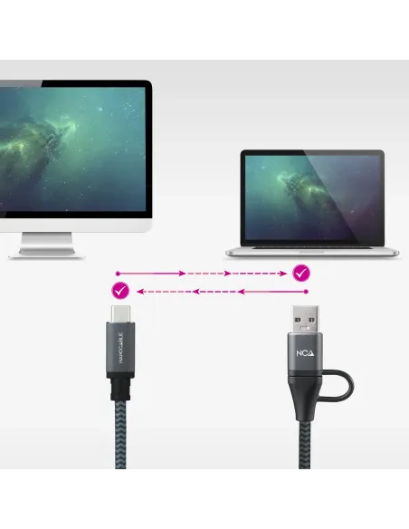 Nanocable Cable USB 3.2 Gen2x2 20Gbps 5A 100W, USB-C+USB-A M a USB-C M, Gris Negro, 3m