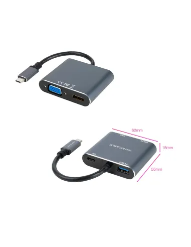 Nanocable Conversor USB-C a HDMI VGA USB3.0 PD 15 cm, Gris