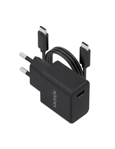 AISENS Cargador GaN USB-C PD3.0 1xUSB-C 20W con cable USB-C 1m, negro