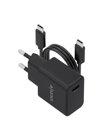 AISENS Cargador GaN USB-C PD3.0 1xUSB-C 20W con cable USB-C 1m, negro