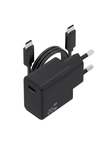 AISENS Cargador GaN USB-C PD3.0 1xUSB-C 20W con cable USB-C 1m, negro