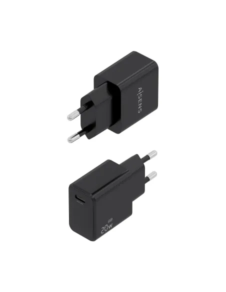 AISENS Cargador GaN USB-C PD3.0 1xUSB-C 20W con cable USB-C 1m, negro