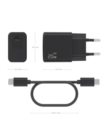 AISENS Cargador GaN USB-C PD3.0 1xUSB-C 20W con cable USB-C 1m, negro