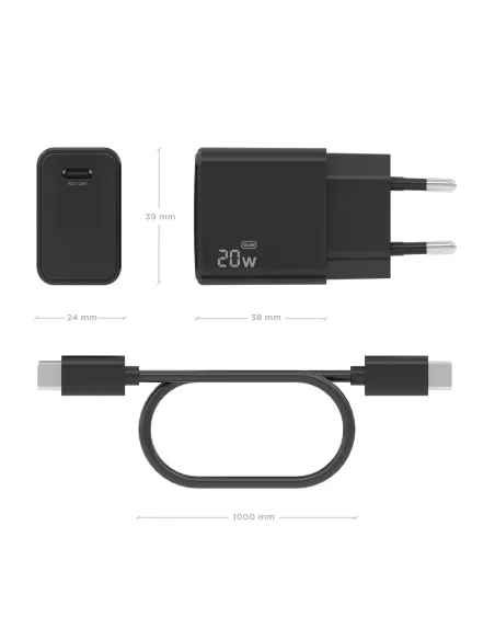 AISENS Cargador GaN USB-C PD3.0 1xUSB-C 20W con cable USB-C 1m, negro