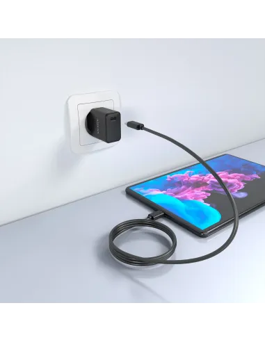 AISENS Cargador GaN USB-C PD3.0 1xUSB-C 20W con cable USB-C 1m, negro