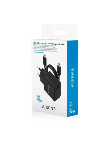 AISENS Cargador GaN USB-C PD3.0 1xUSB-C 20W con cable USB-C 1m, negro