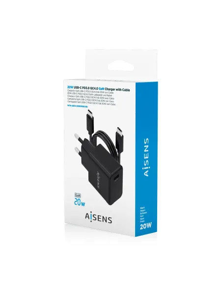 AISENS Cargador GaN USB-C PD3.0 1xUSB-C 20W con cable USB-C 1m, negro