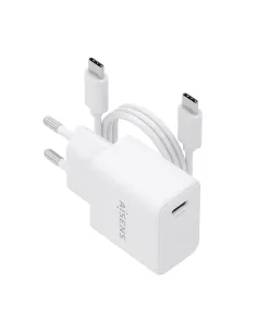 AISENS Cargador GaN USB-C PD3.0 1xUSB-C 20W con cable USB-C 1m, blanco