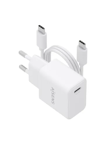AISENS Cargador GaN USB-C PD3.0 1xUSB-C 20W con cable USB-C 1m, blanco