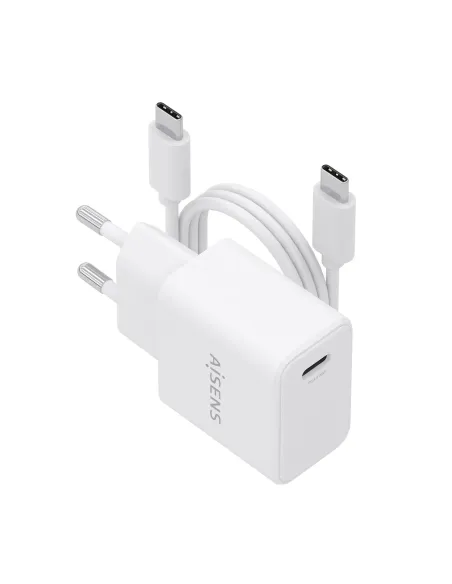 AISENS Cargador GaN USB-C PD3.0 1xUSB-C 20W con cable USB-C 1m, blanco