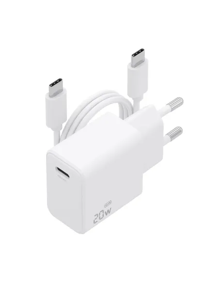 AISENS Cargador GaN USB-C PD3.0 1xUSB-C 20W con cable USB-C 1m, blanco