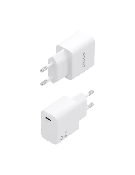 AISENS Cargador GaN USB-C PD3.0 1xUSB-C 20W con cable USB-C 1m, blanco