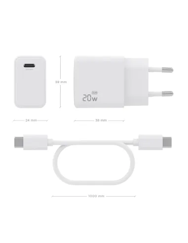 AISENS Cargador GaN USB-C PD3.0 1xUSB-C 20W con cable USB-C 1m, blanco