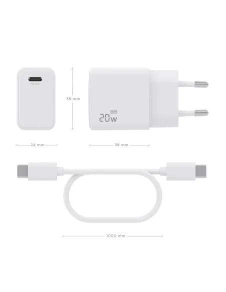 AISENS Cargador GaN USB-C PD3.0 1xUSB-C 20W con cable USB-C 1m, blanco