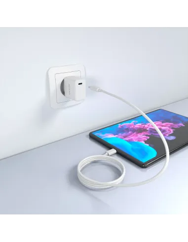 AISENS Cargador GaN USB-C PD3.0 1xUSB-C 20W con cable USB-C 1m, blanco
