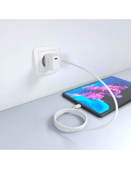 AISENS Cargador GaN USB-C PD3.0 1xUSB-C 20W con cable USB-C 1m, blanco