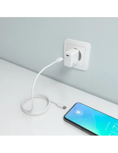 AISENS Cargador GaN USB-C PD3.0 1xUSB-C 20W con cable USB-C 1m, blanco