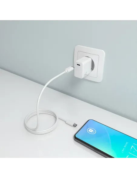 AISENS Cargador GaN USB-C PD3.0 1xUSB-C 20W con cable USB-C 1m, blanco