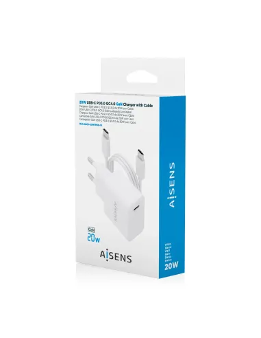AISENS Cargador GaN USB-C PD3.0 1xUSB-C 20W con cable USB-C 1m, blanco