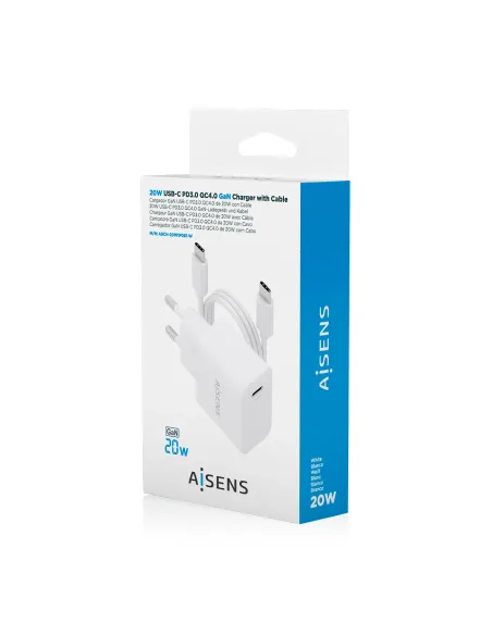 AISENS Cargador GaN USB-C PD3.0 1xUSB-C 20W con cable USB-C 1m, blanco