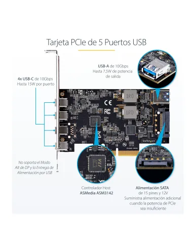 StarTech.com Tarjeta PCIe de 5 Puertos USB de 10Gbps 4x USB-C   1x USB-A - Hub Concentrador Interno USB 3.2 de 10Gbps - Tarjeta