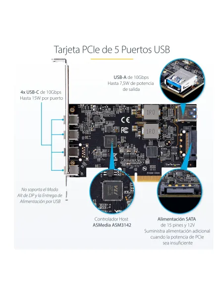 StarTech.com Tarjeta PCIe de 5 Puertos USB de 10Gbps 4x USB-C   1x USB-A - Hub Concentrador Interno USB 3.2 de 10Gbps - Tarjeta