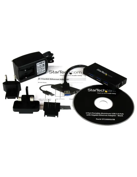 StarTech.com Hub USB 3.0 de Aluminio con Cable - 5Gbps - Concentrador de 3 Puertos USB con Adaptador de Red Ethernet Gigabit