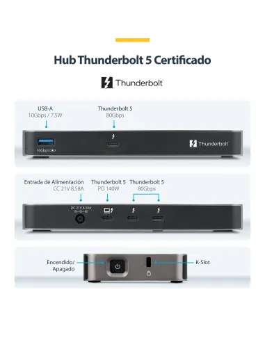 StarTech.com Hub Thunderbolt 5 de 4 Puertos con KVM Thunderbolt Share - 80 120Gbps - 8K 60Hz o 4K 144Hz - PD 140W - USB-A