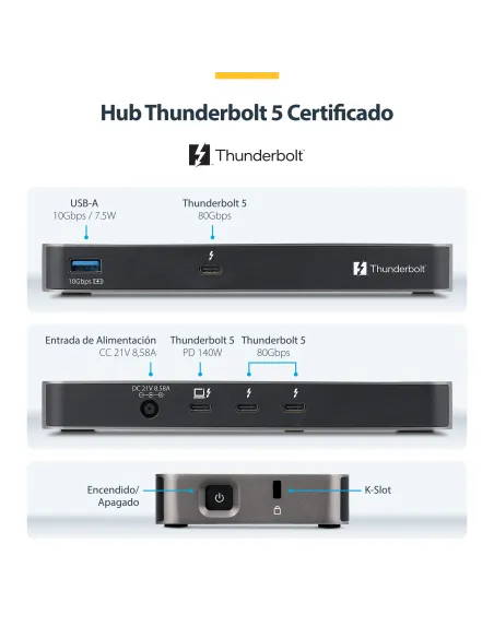 StarTech.com Hub Thunderbolt 5 de 4 Puertos con KVM Thunderbolt Share - 80 120Gbps - 8K 60Hz o 4K 144Hz - PD 140W - USB-A