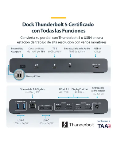 StarTech.com 206UE-TB5USB4DOCK base para portátil y replicador de puertos Alámbrico Thunderbolt 5 Negro, Gris