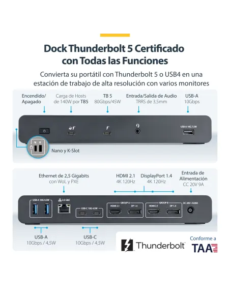 StarTech.com 206UE-TB5USB4DOCK base para portátil y replicador de puertos Alámbrico Thunderbolt 5 Negro, Gris