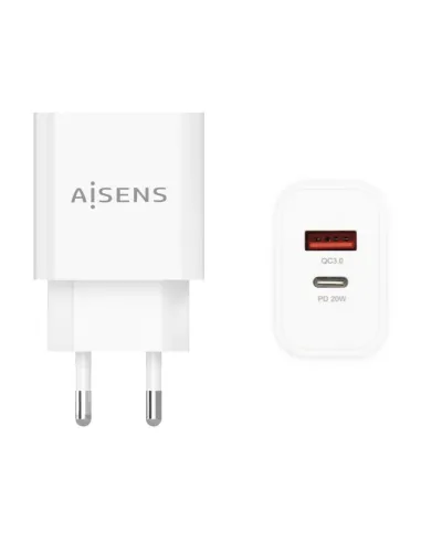 AISENS Cargador 20W, 1xUSB-C PD3.0, 1xUSB-A QC3.0, Blanco