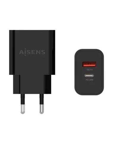 AISENS Cargador 20W, 1xUSB-C PD3.0, 1xUSB-A QC3.0, Negro