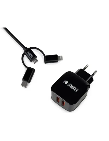 SUBBLIM CARGADOR USB DE VIAJE/PARED 2xUSB (2.4A) + CABLE 3EN1 BLACK Negro Interior