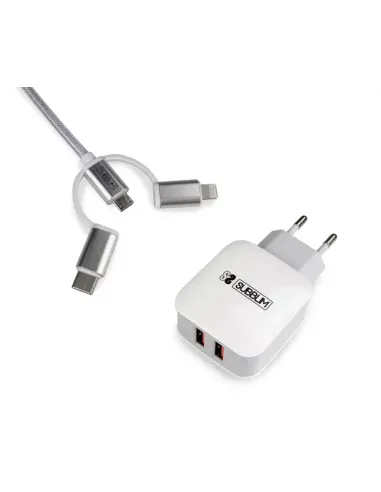 SUBBLIM CARGADOR USB DE VIAJE/PARED 2xUSB (2.4A) + CABLE 3EN1 WHITE Plata, Blanco Interior