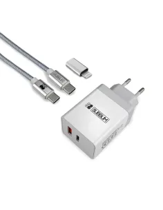 SUBBLIM CARGADOR ULTRA RAPIDO 2xUSB DE PARED PD25W+QC3.0+Cable C to C y lightning Blanco