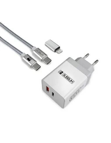 SUBBLIM CARGADOR ULTRA RAPIDO 2xUSB DE PARED PD25W+QC3.0+Cable C to C y lightning Blanco